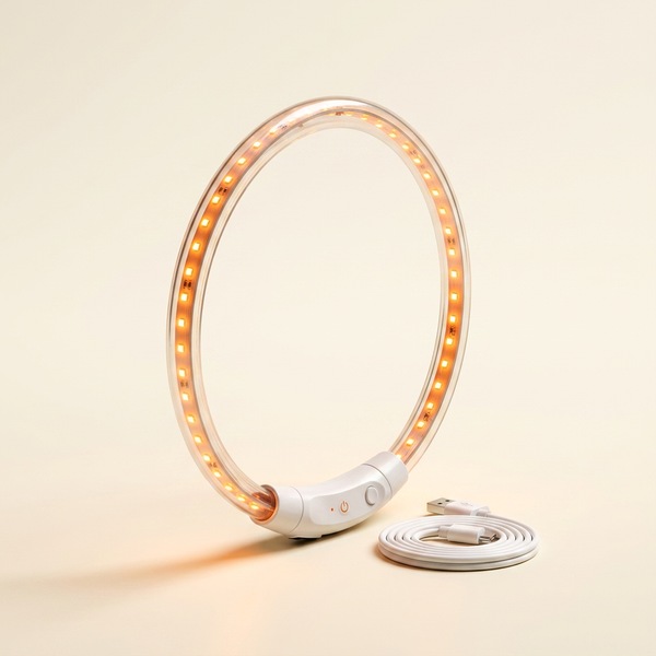 The glow collar standing upright on a warm ivory studio backdrop, LED points lit orange, USB cable coiled beside it