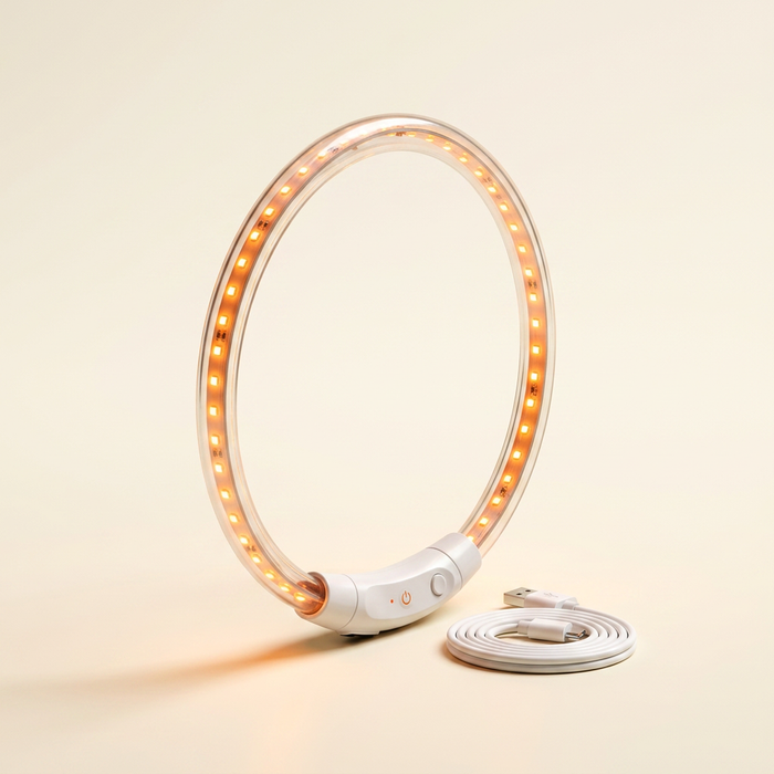 The glow collar standing upright on a warm ivory studio backdrop, LED points lit orange, USB cable coiled beside it