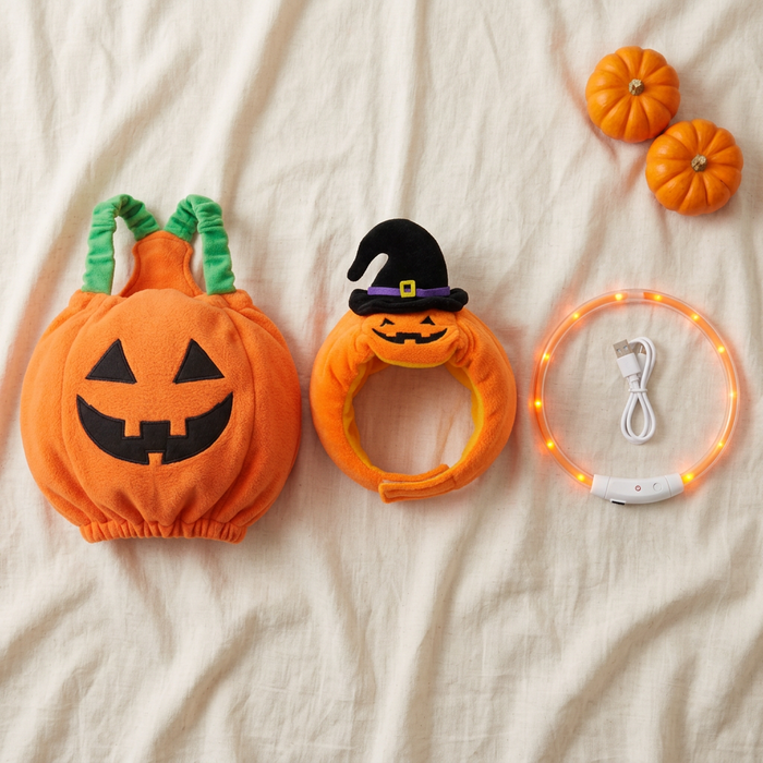 All three kit pieces laid flat on cream linen: the pumpkin costume, the witch hat bonnet and the clear-tube glow collar with its USB cable