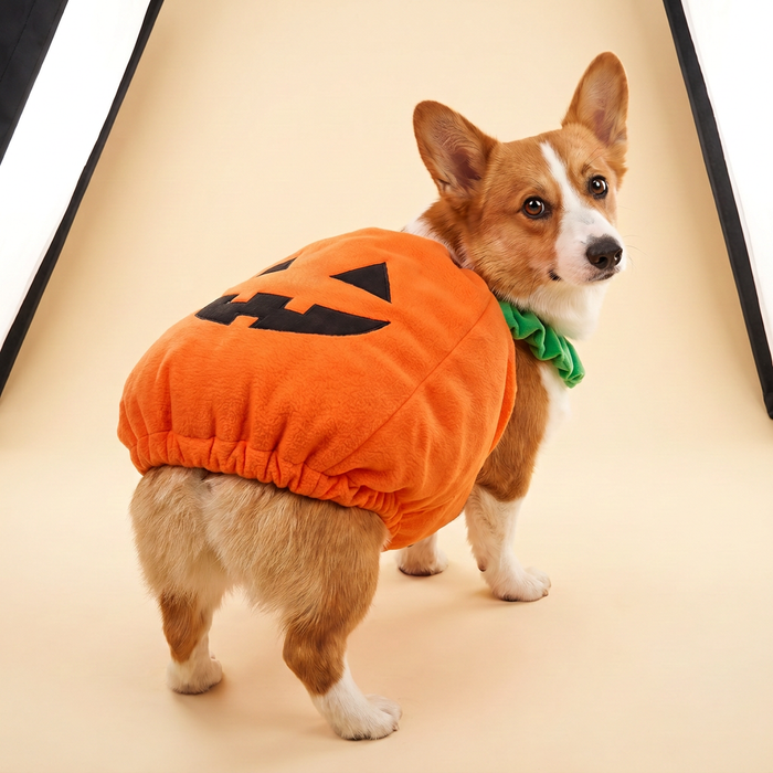 Corgi wearing The Plumpkin pumpkin costume, jack-o-lantern face on its flank, looking back over its shoulder in a studio