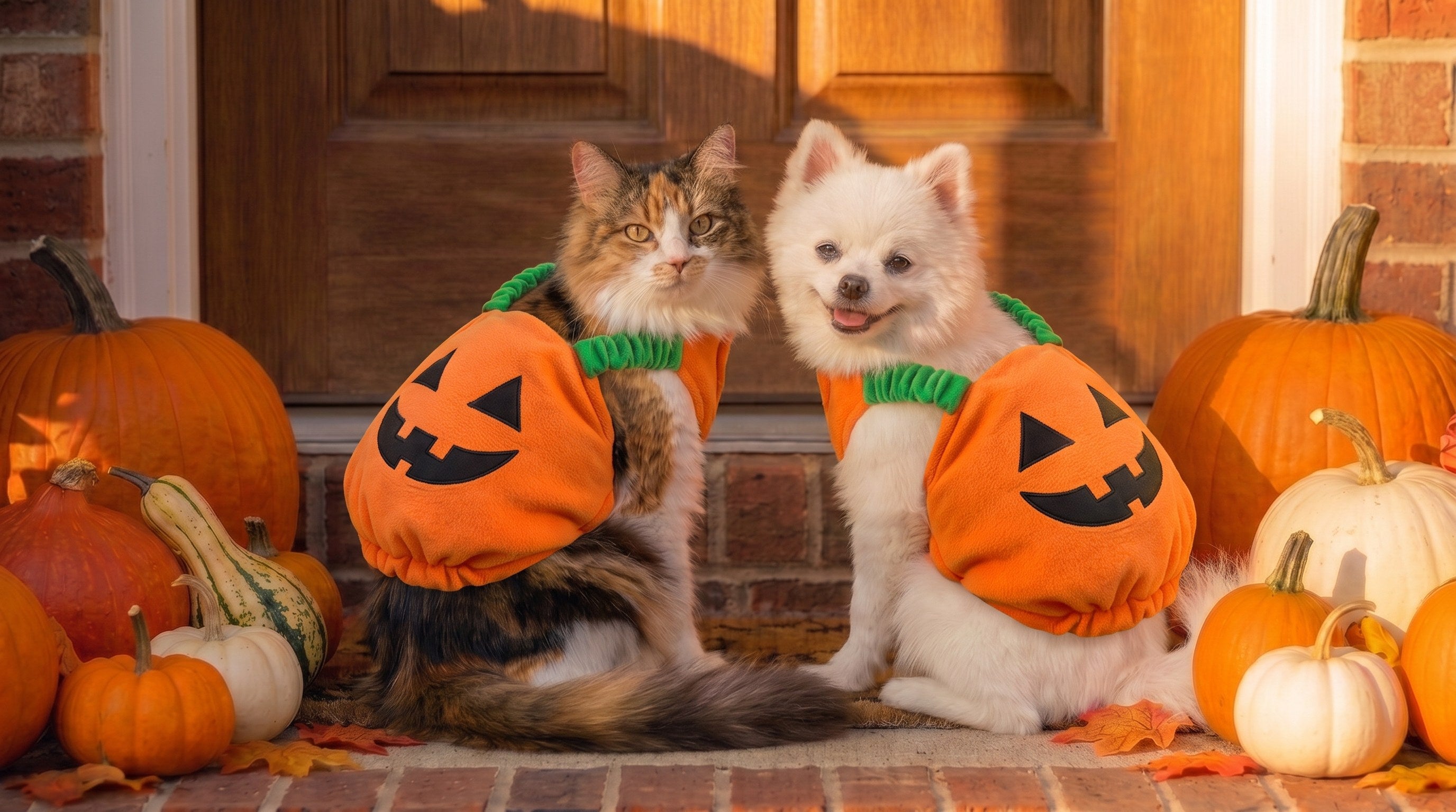 A cat and a small dog sitting on a doorstep in matching plush pumpkin costumes